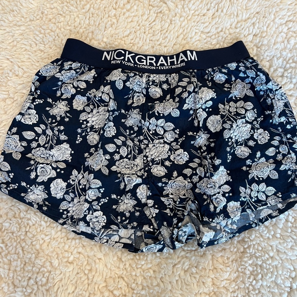 NICK GRAHAM men’s boxer shorts, navy blue and white flowers - size Small